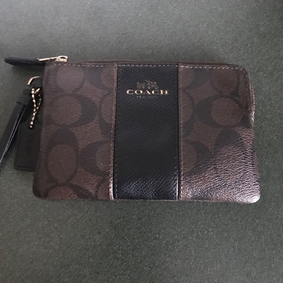 Coach Corner Zip Wristlet in Signature Coated Canvas Leather Stripe Brown/Black - Picture 2 of 16